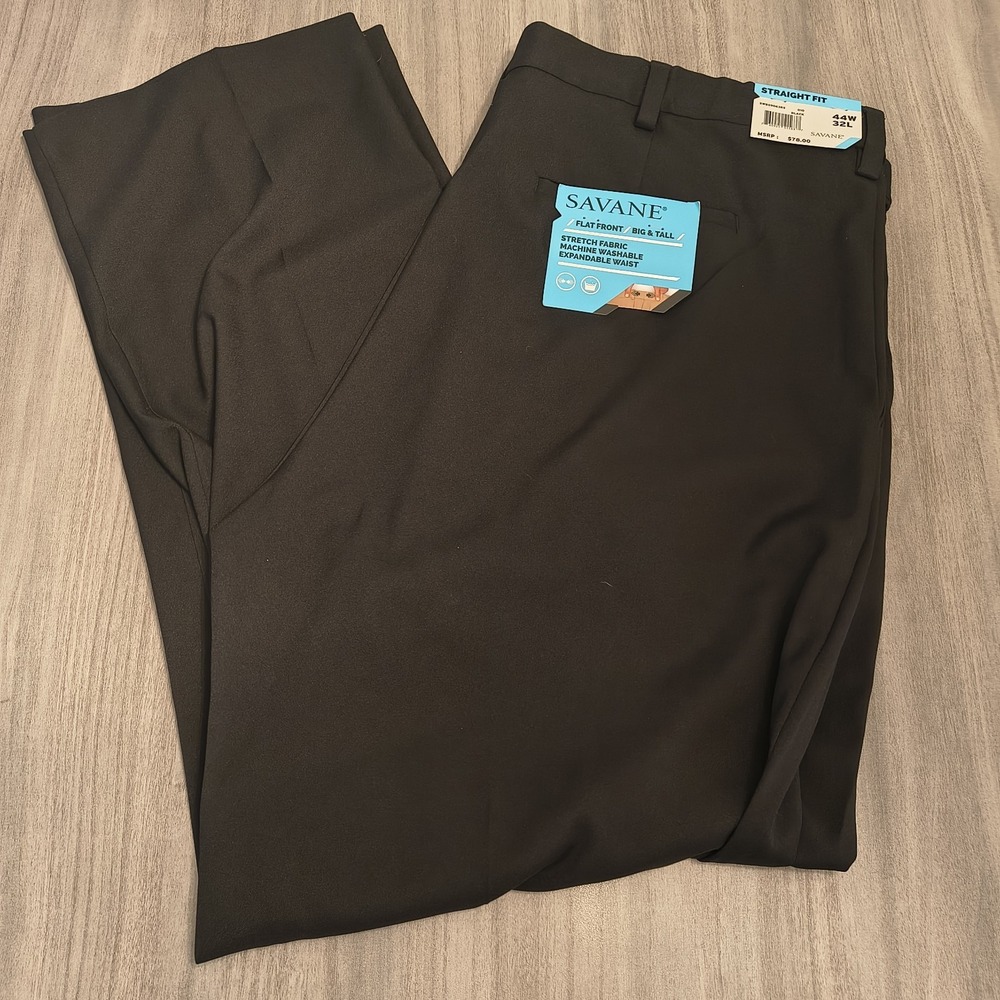SAVANE Big & Tall Straight Fit Flat Front Pant Stretch Black Size 44W‎ X 32L
